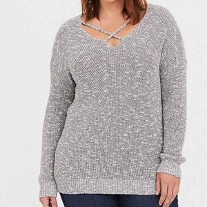 torrid Gray Cross Neck Sweater Marled Pullover Knit Long Sleeves Plus Size 3X